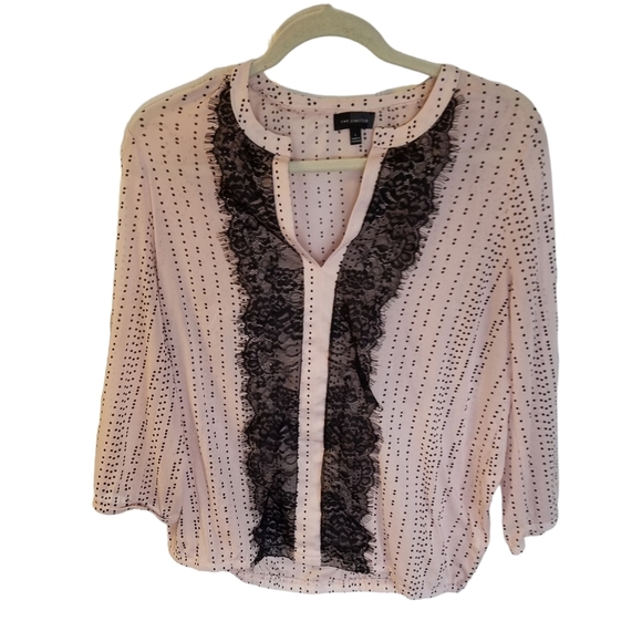 The Limited Sheer Lace Dotted Long Sleeve Top V Neck Pink Black Size Large - Picture 1 of 10